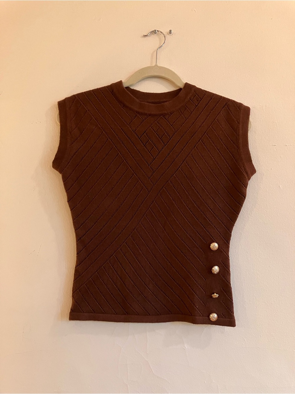 Zara brown knit tee top with gold crest side buttons size small